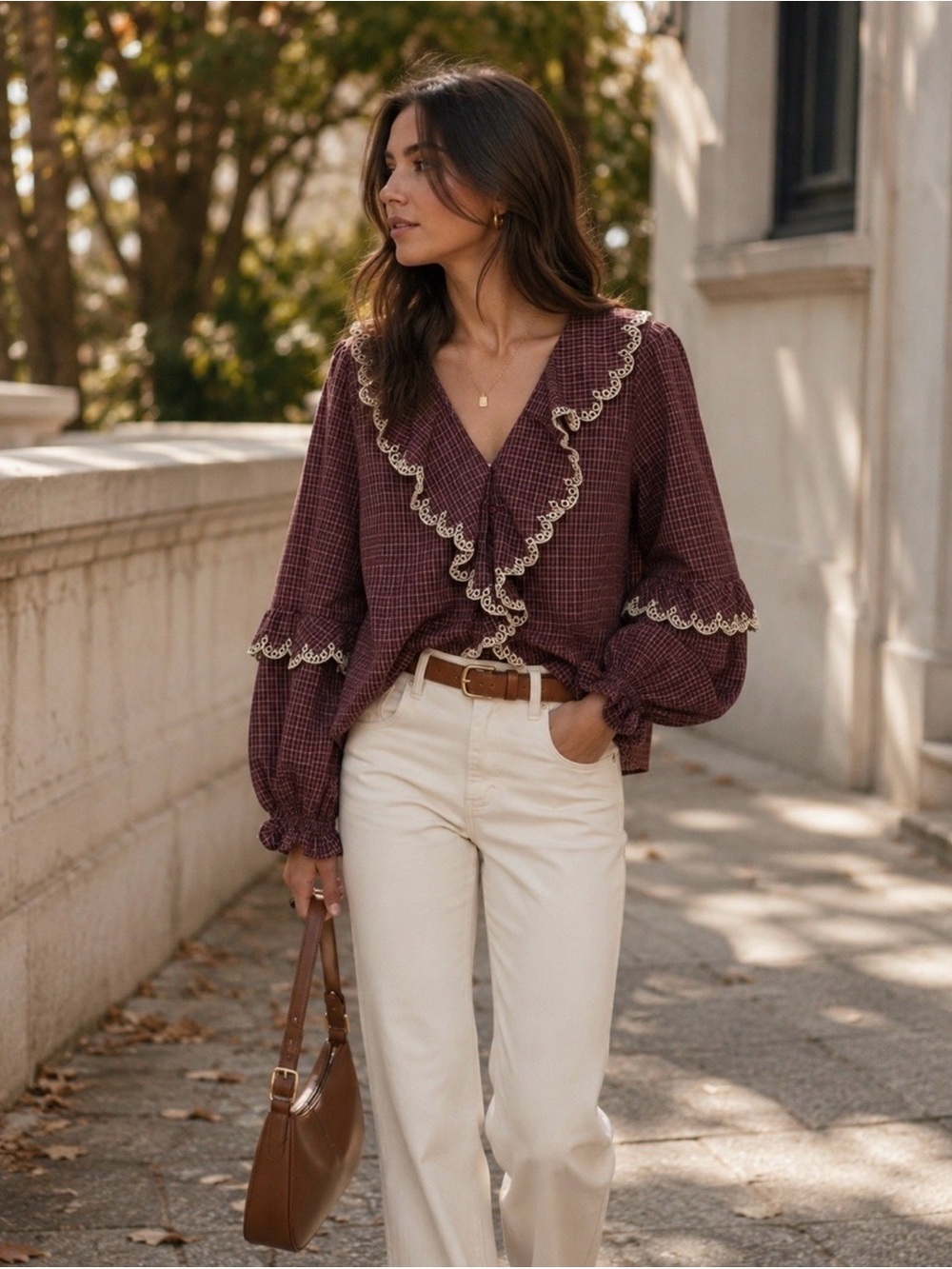 NWT Caroline Constas Plaid Ruffle Lace Blouse Size M